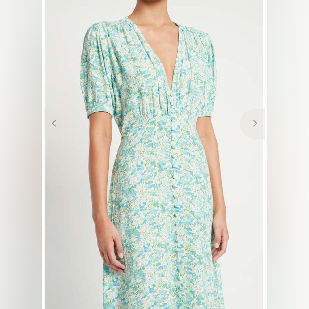 Faithfull the Brand Aqua Floral Puff-Sleeve V-Neck Midi Dress